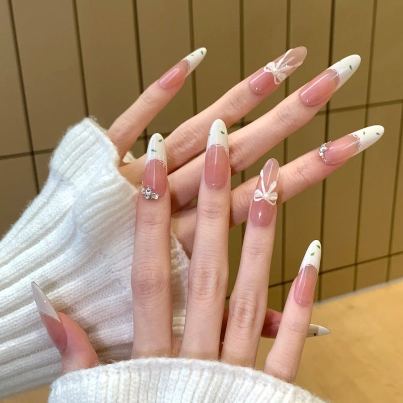 Whimsical Elegance Long Almond Pink and White Floral Press-On Nail Set with Adorable Bow Accent