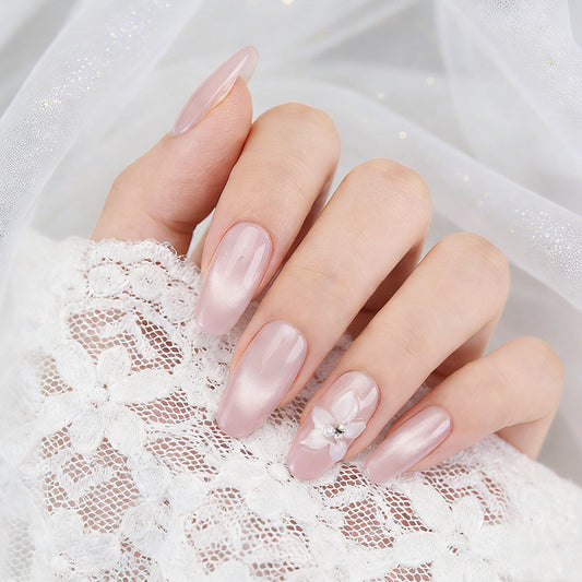 Romantic Blossom Soft Long Squoval Pink Nails with Floral Accent