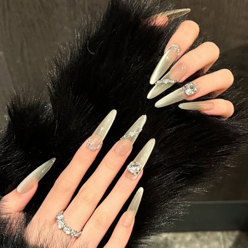 Glamorous Glittering Long Almond Shaped Translucent Silver Press On Nail Set with Dazzling Rhinestone Accents