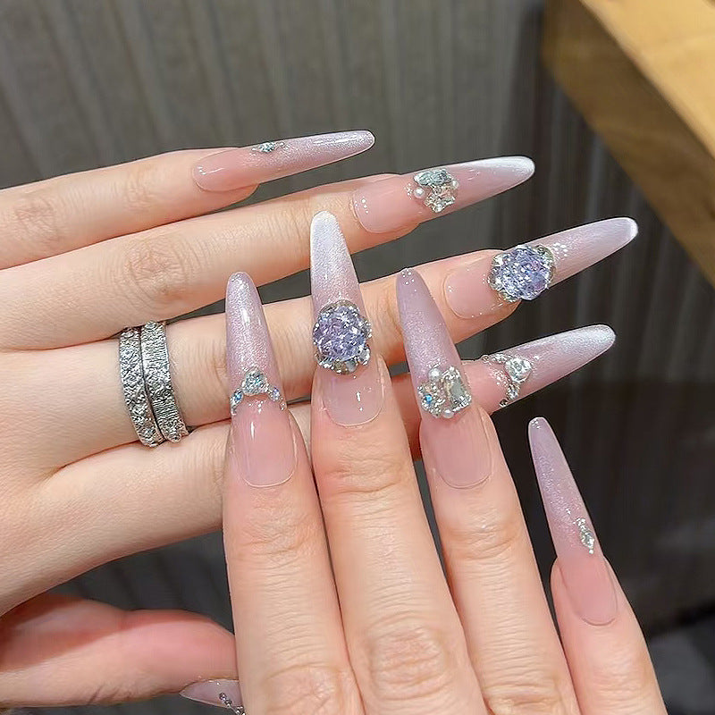 Glamorous Dreamy Long Stiletto Ombre Pink with Sparkling Gemstone Accents Press on Nail Set