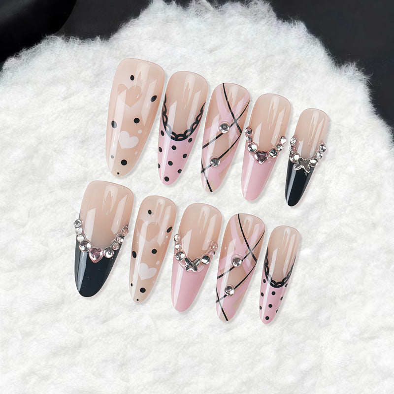 Chic Elegance Long Stiletto Neutral Pink Bold Patterns with Gem Accents Press On Nail Set