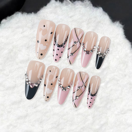 Chic Elegance Long Stiletto Neutral Pink Bold Patterns with Gem Accents Press On Nail Set