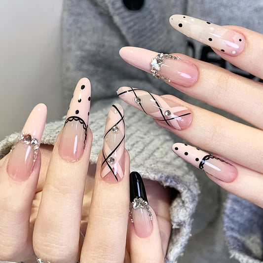 Glamorous Party Ready Long Stiletto Press On Nail Set in Pink and Clear with Unique Gemstone Accents and Geometric Patterns