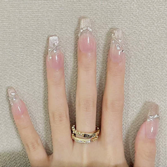Glamorous Elegance Long Coffin Shape Sparkling Beige Press On Nail Set with Rhinestone Detail