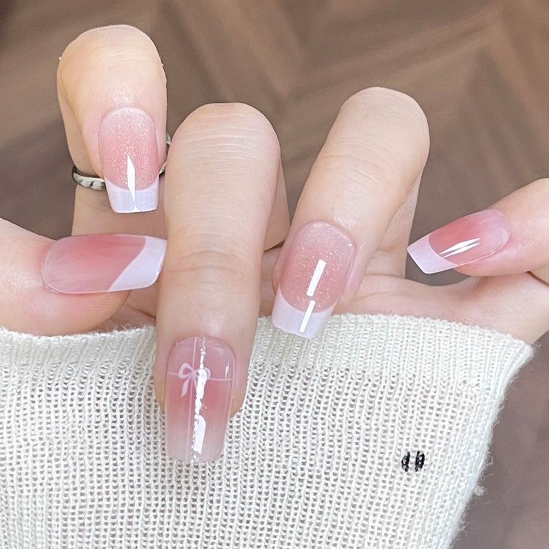 Chic Blossom Medium Square Pink Colorful French Tip Nail Set with Charming Bow Detail