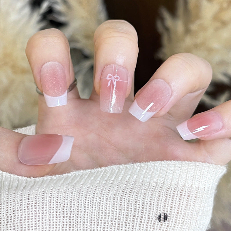 Charming Elegance Medium Square Pink with Delicate Bow Art Press On Nail Set