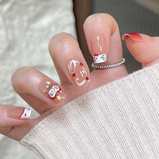 Charming Wonderland Short Square Transparent with Whimsical Cherry and Bow Designs Press-On Nail Set