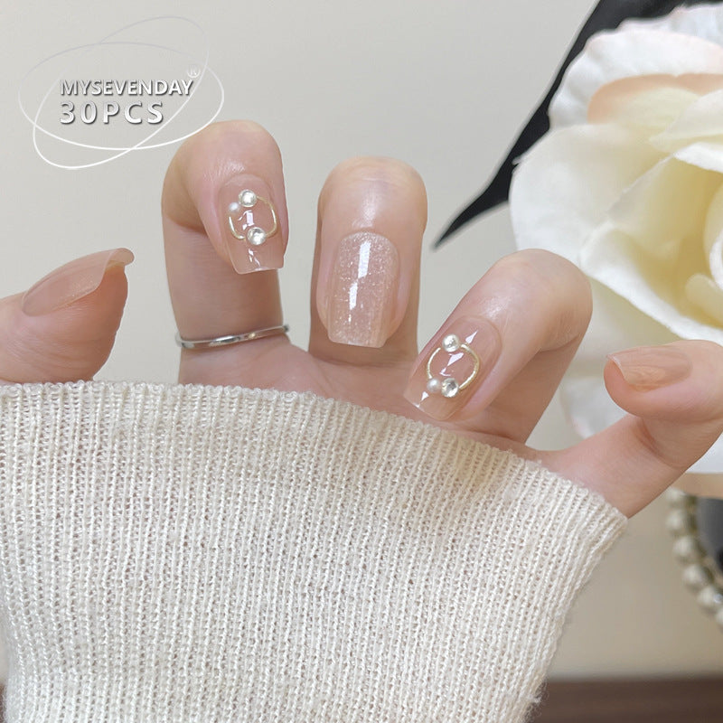 Glamorous Elegance Medium Square Beige with Pearl Accents Press-On Nail Set