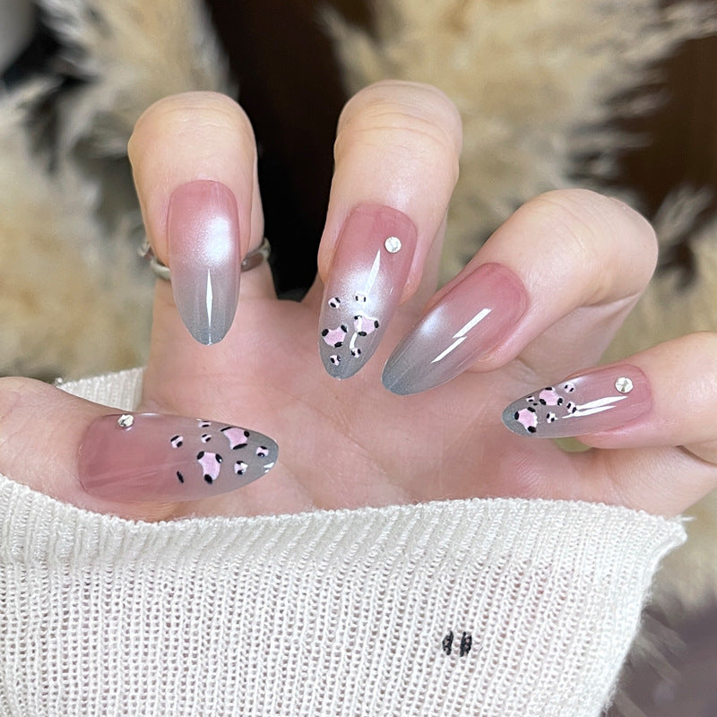 Wild Safari Gorgeous Long Almond Gray Pink Leopard Print Press On Nail Set with Sparkling Accents