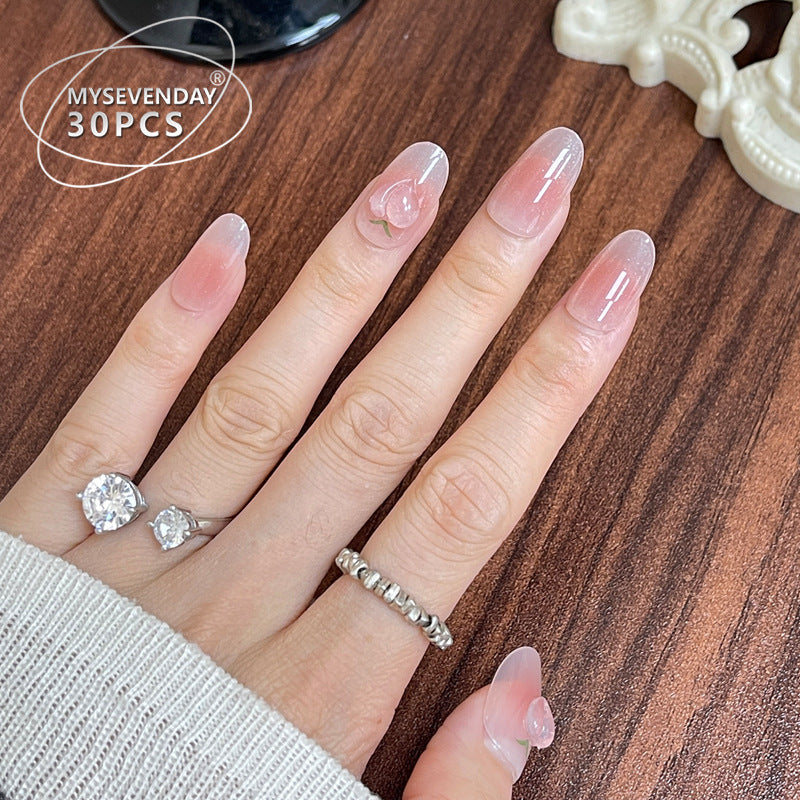Whimsical Romance Elegant Medium Oval Transparent Pink Floral Press On Nail Set