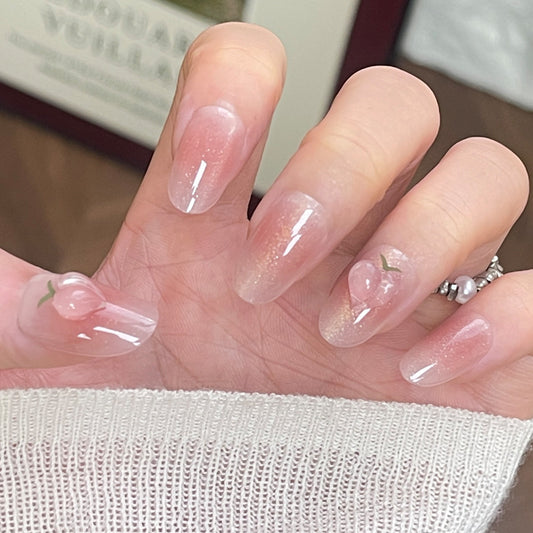 Peach Blossom Glamour Long Oval Pink Ombre with Cherry Accent Press On Nail Set