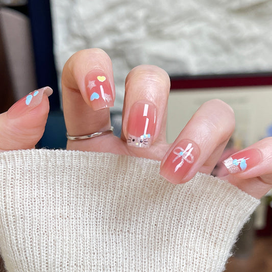 Whimsical Bliss Medium Square Pink Press On Nail Set with Colorful Heart and Star Designs