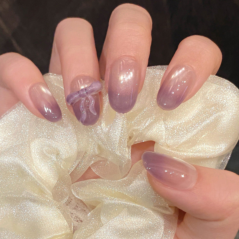 Whimsical Lavender Ombre Long Oval Press On Nail Set with Charming Bow Accent