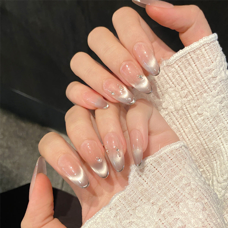 Glamorous Elegance Long Almond Silver Ombre Press On Nail Set with Dazzling Gem Accents