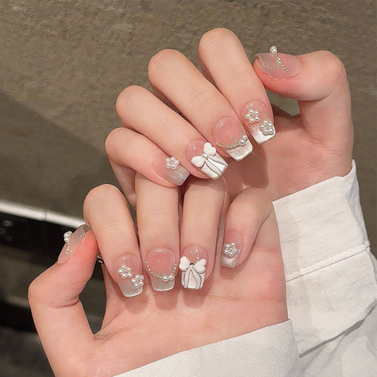 Elegant Wedding Bliss Medium Square White with Glamorous Pearl Accents Press On Nail Set