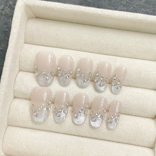 Glamorous Elegance Medium Oval Beige with Sparkling Crystal Accents Press On Nail Set