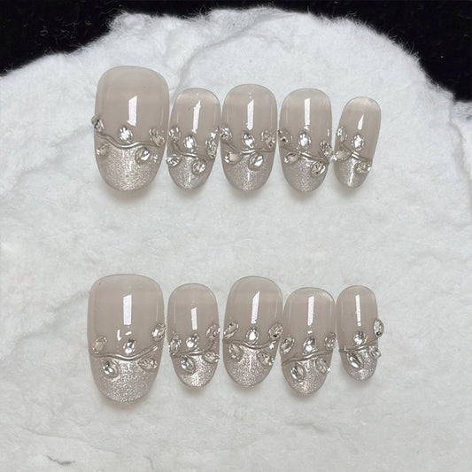 Chic Elegance Medium Oval Beige Glittering Floral Press On Nail Set