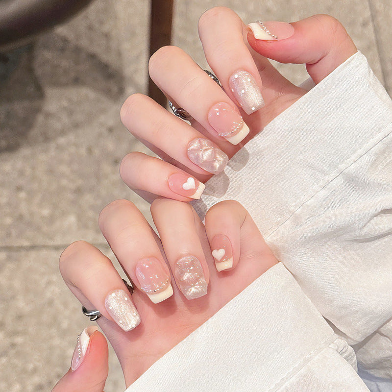 Charming Elegance Medium Square Soft Pink Glitter Press On Nail Set with Heart Accents