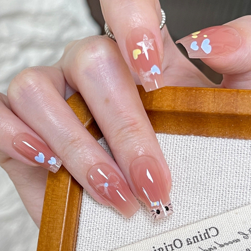 Charming Floral Dream Long Coffin Peachy Pink Press On Nail Set with Delightful Heart and Star Designs