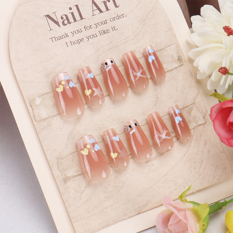 Adorable Heart Theme Medium Coffin Beige Press On Nail Set with Whimsical Design