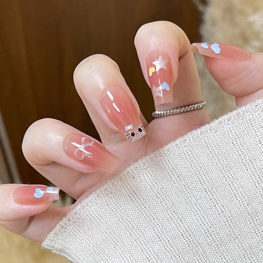 Whimsical Dreams Long Coffin Beige Press on Nail Set with Cute Heart and Star Decorations