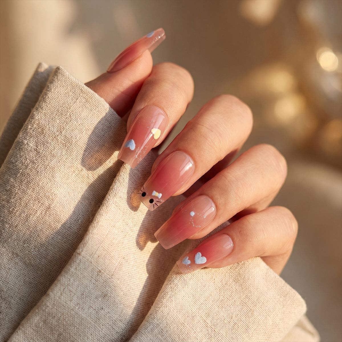 Charming Cat Inspired Long Coffin Translucent Press On Nail Set with Heart and Kitty Accents