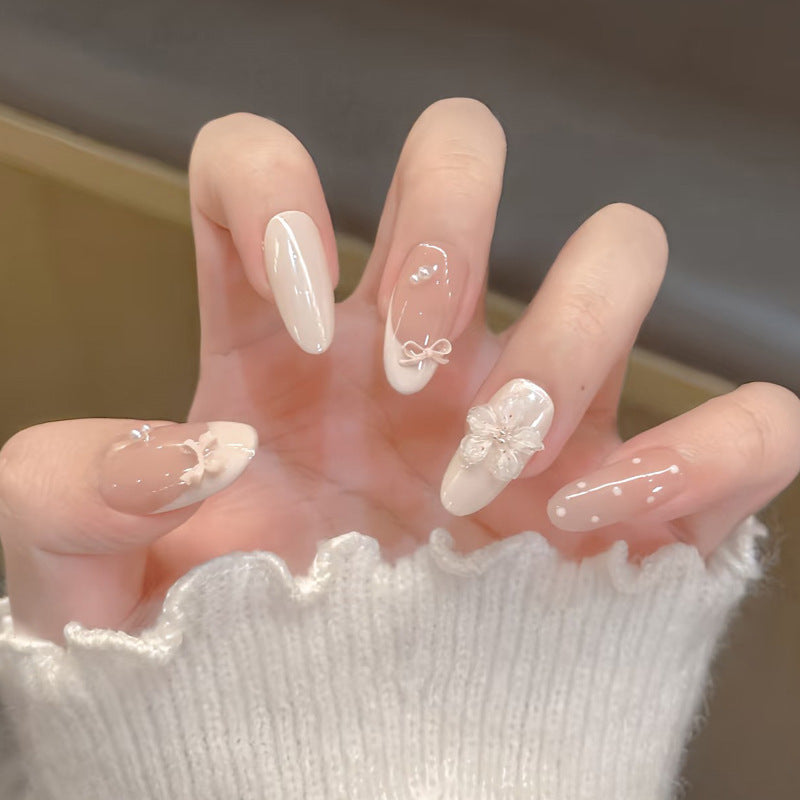 Whimsical Elegance Long Almond White Press-On Nail Set with Floral and Bow Embellishments