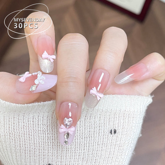 Whimsical Charm Long Almond Pink Ombre with Dazzling Bows and Gems Press-On Nail Set