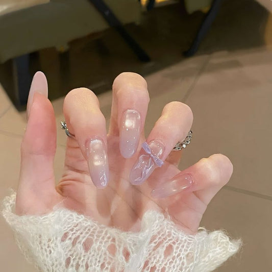 Charming Lavender Elegance Long Almond Shape Soft Purple with Cute Bow Accent Press On Nail Set