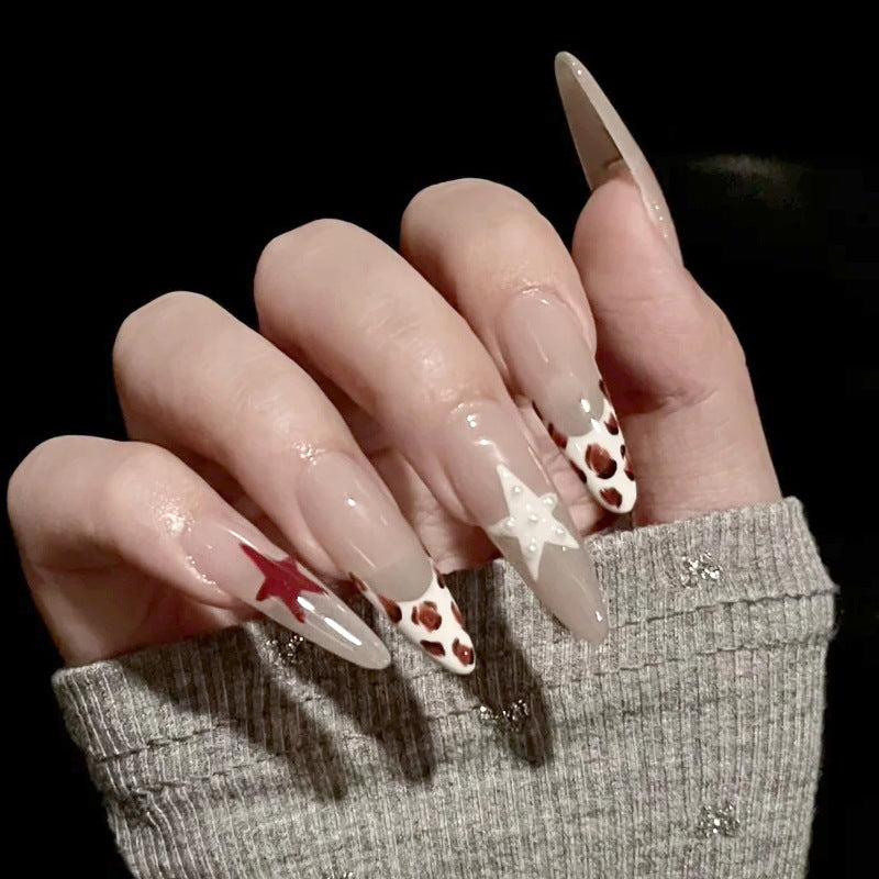 Starry Night Elegance Long Almond Beige Press on Nail Set with Red and White Stars and Chic Leopard Print Design