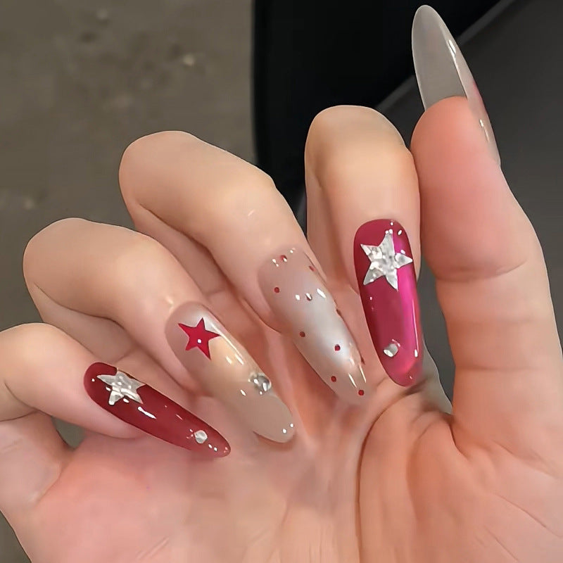 Celestial Glamour Long Almond Red and Beige Gradient with Star Accents Press On Nail Set