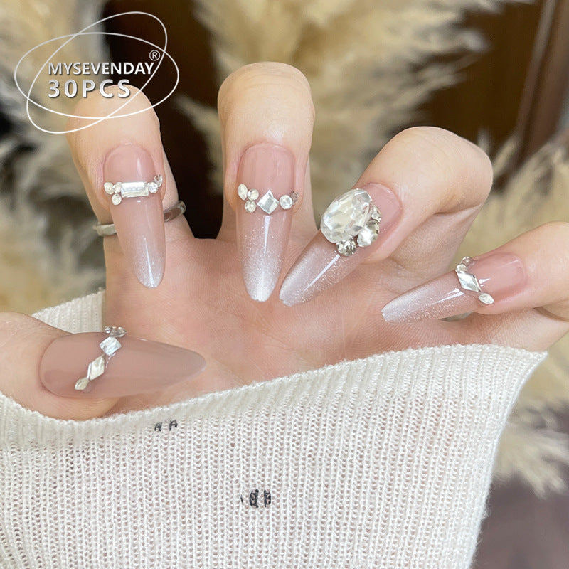 Elegant Crystal Harmony Long Almond Gradient Beige Press On Nail Set with Stunning Rhinestone Embellishments