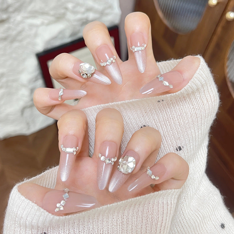 Glamorous Crystal-Embellished Long Almond Nail Set in Elegant Clear and Iridescent Finish