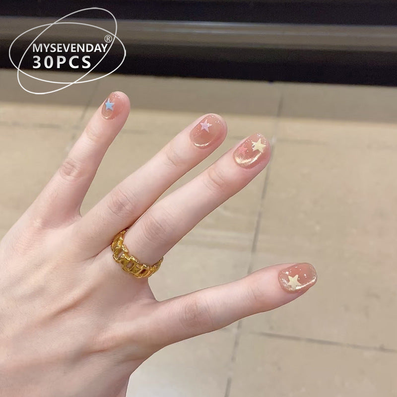 Celestial Dream Press-On Nail Set Short Squoval Beige with Star and Moon Accents