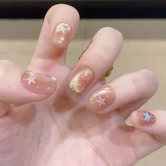 Celestial Dreams Short Squoval Golden Glitter with Colorful Star Accents Press On Nail Set