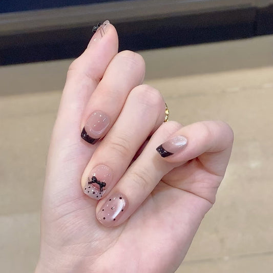 Chic Elegance Short Square Beige with Black French Tips and Cute Bow Detail Press on Nail Set