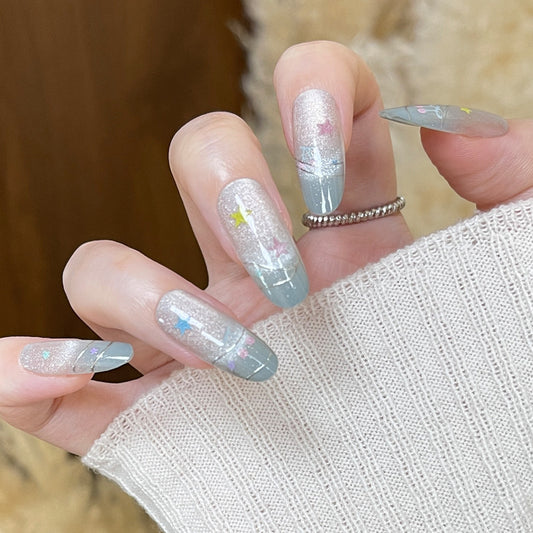 Celestial Dreams Long Almond Shimmering Sky Blue with Starry Glitter Accents Press On Nail Set