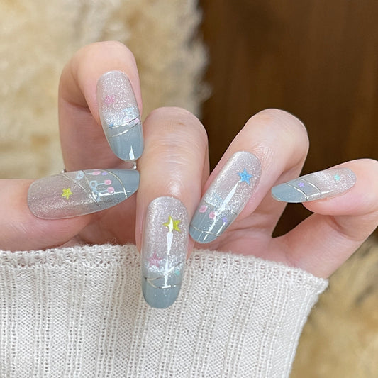 Celestial Dreams Long Almond Shimmering Gray Press On Nail Set with Colorful Star Accents