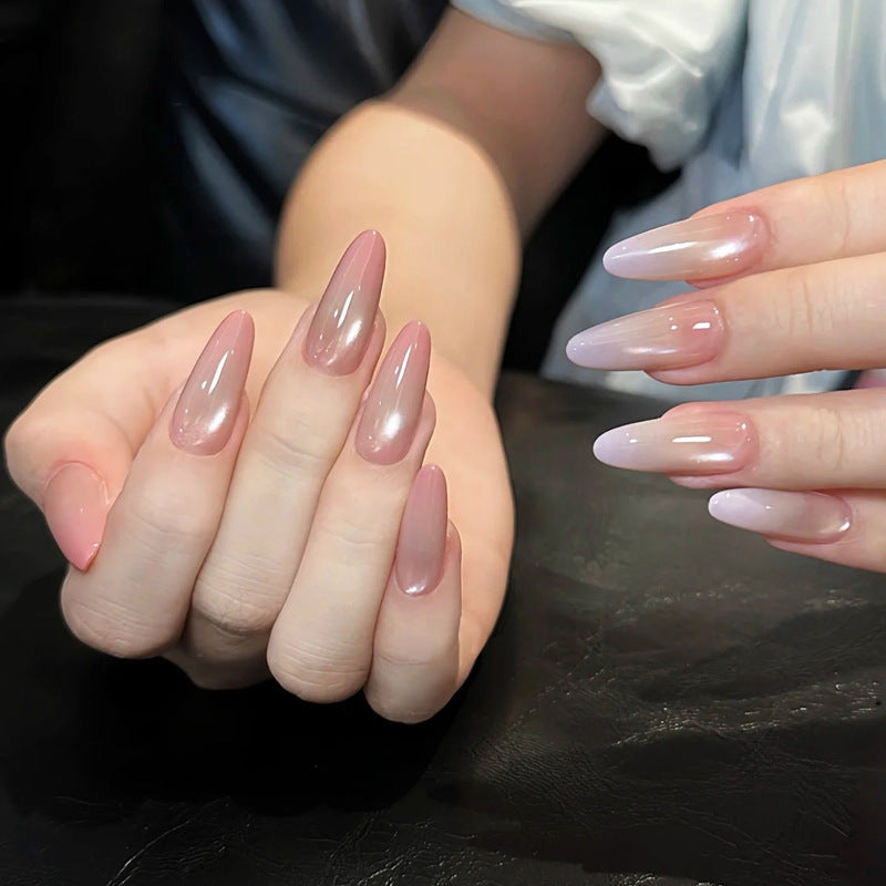 Whimsical Elegance Long Almond Blush Pink and Pearlescent Ombre Finish Press On Nail Set
