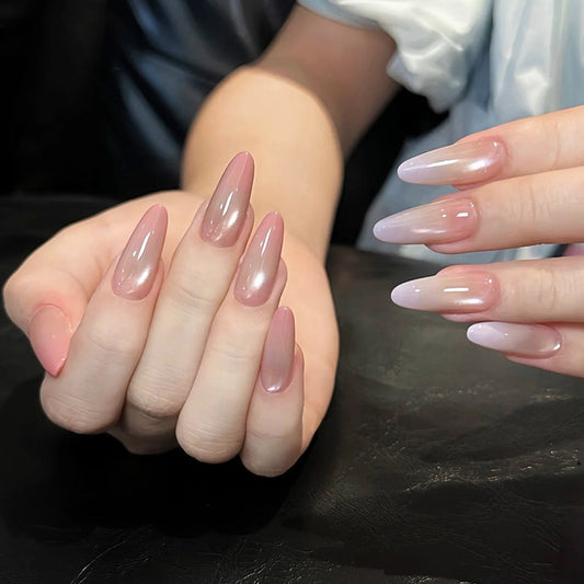 Whimsical Elegance Long Almond Blush Pink and Pearlescent Ombre Finish Press On Nail Set