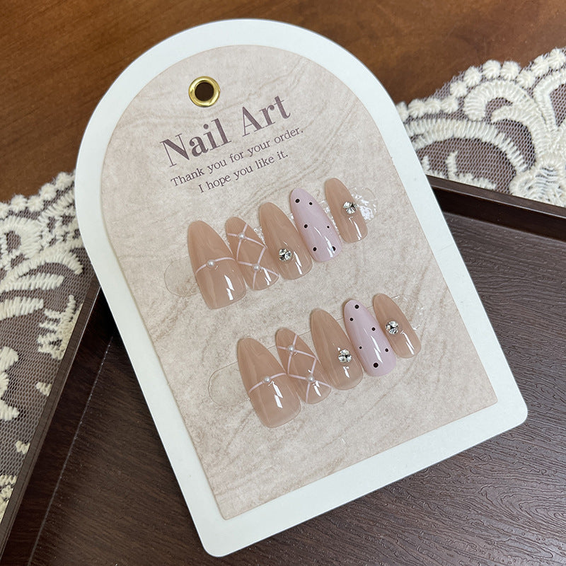 Elegant Rose Gold Medium Almond Beige Press On Nail Set with Charming Gem Accents