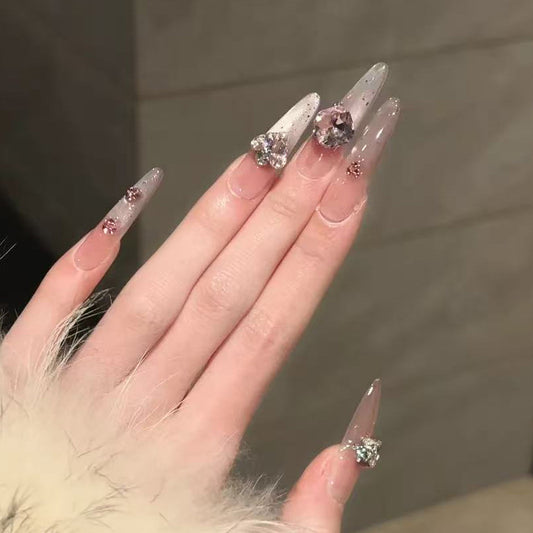 Enchanting Elegance Long Stiletto Clear Glittery Press On Nail Set with Gemstone Accents