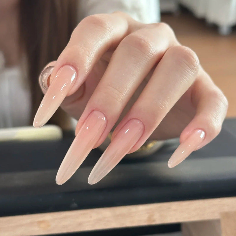 Enchanted Elegance Long Almond Beige Ombre Press On Nail Set with Glossy Finish