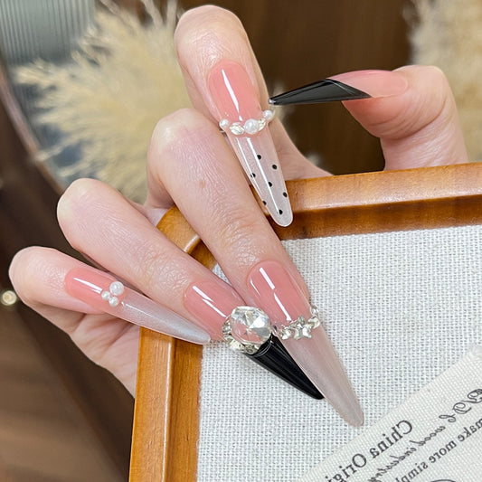 Charming Elegance Long Almond Pink Ombre with Black Accent and Dazzling Gemstone Detail Press on Nail Set