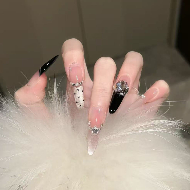 Glamorous Elegance Long Stiletto Black and White Ombre with Sparkling Gem Accents Press On Nail Set