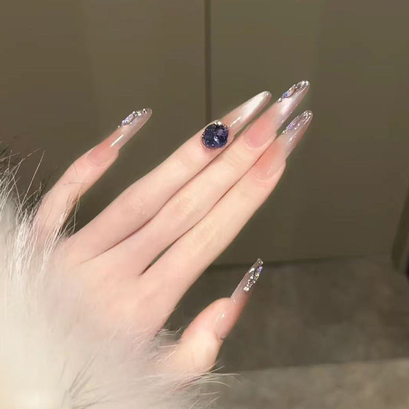Glamorous Elegance Long Almond Transparent Ombre Nails with Stunning Jewel Accent