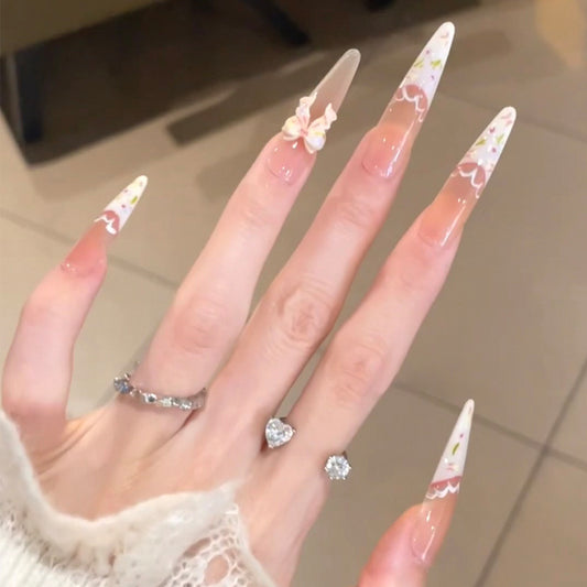 Charming Floral Dream Long Almond Transparent with Elegant Flower Accent Press On Nail Set