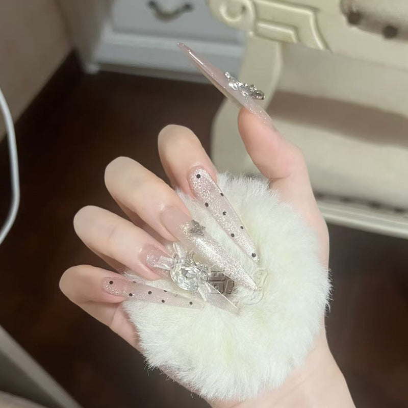 Elegant Fantasy Long Almond Transparent Pink with Glitter and Crystal Accents Press On Nail Set