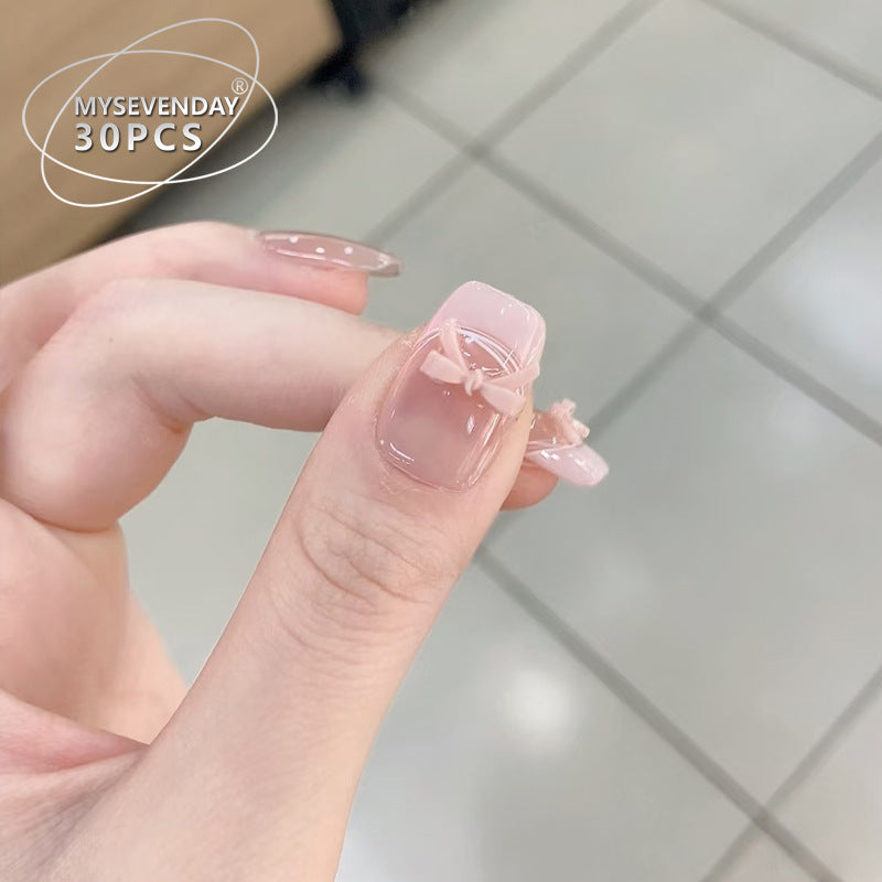 Charming Blossom Short Square Pink Press-On Nail Set with Delicate Bow Detail