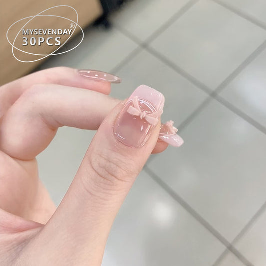 Charming Blossom Short Square Pink Press-On Nail Set with Delicate Bow Detail